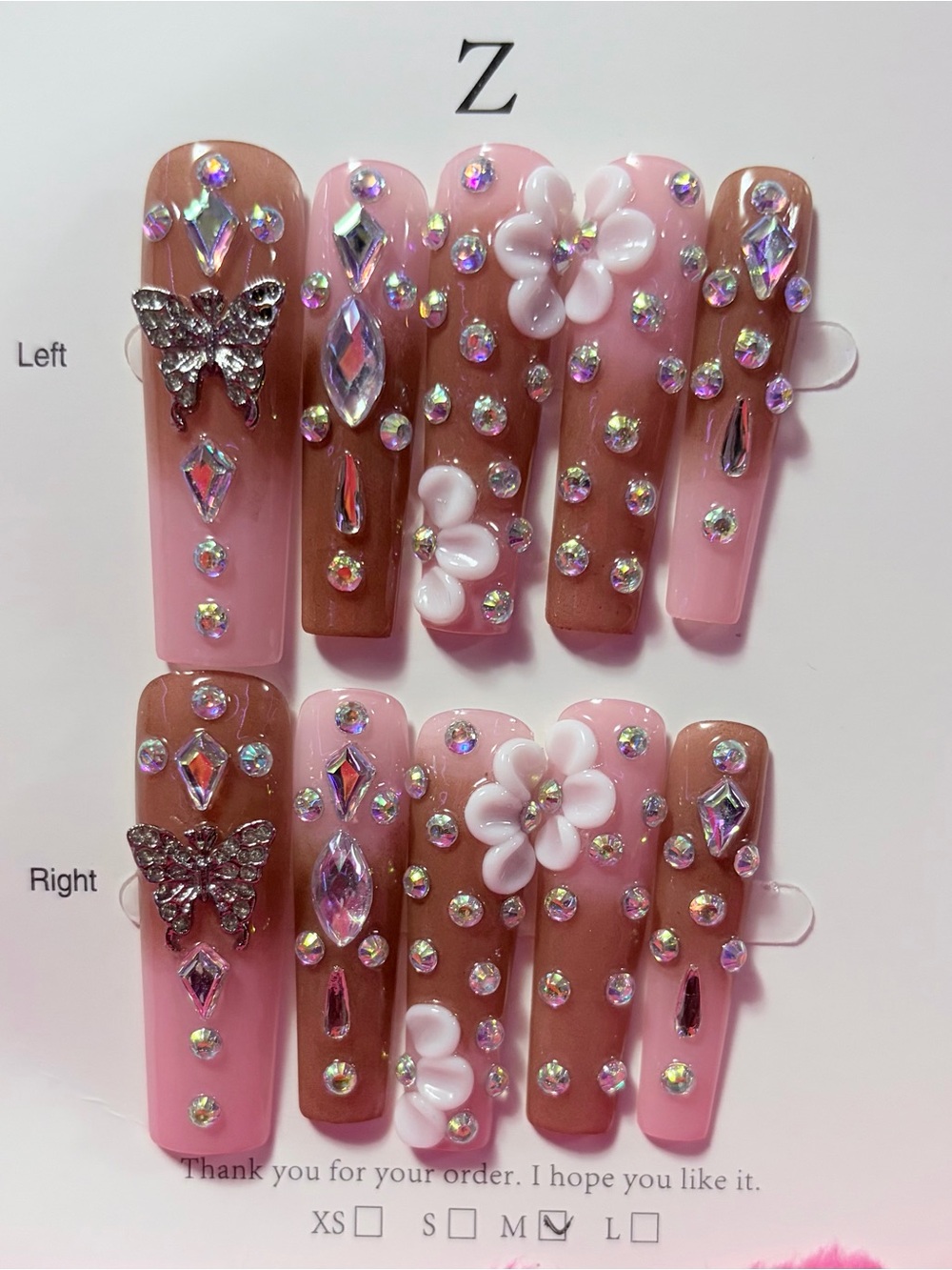 Pink Brown Floral Rhinestone Press-On Nail Set